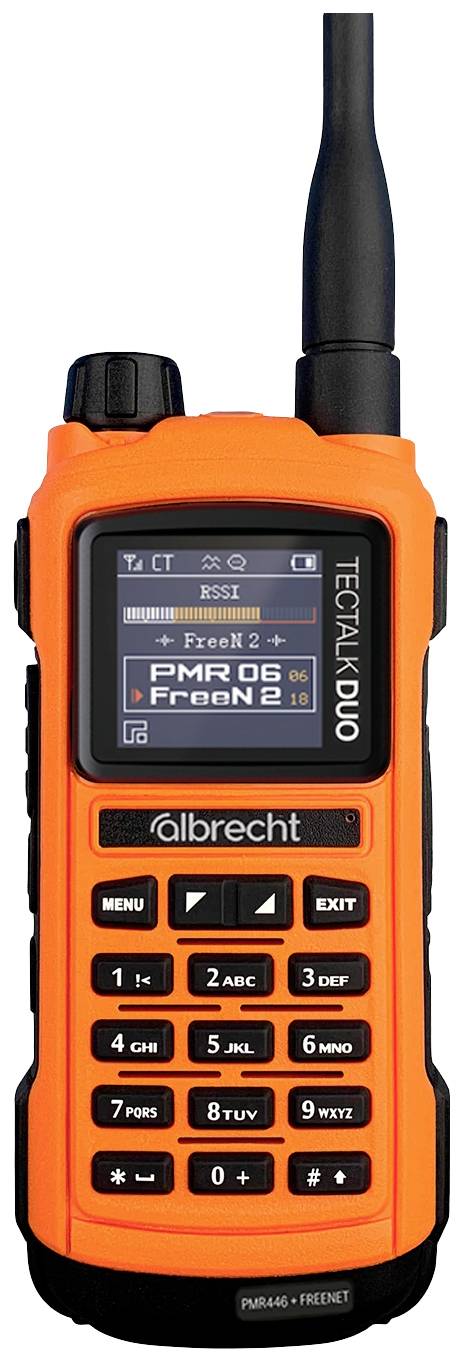 Ein orangefarbenes Funkgerät mit Bildschirm und Tastenfeld. Der Bildschirm zeigt die Kanäle 'PMR 06' und 'FreeN 2'. Marke: albrecht.