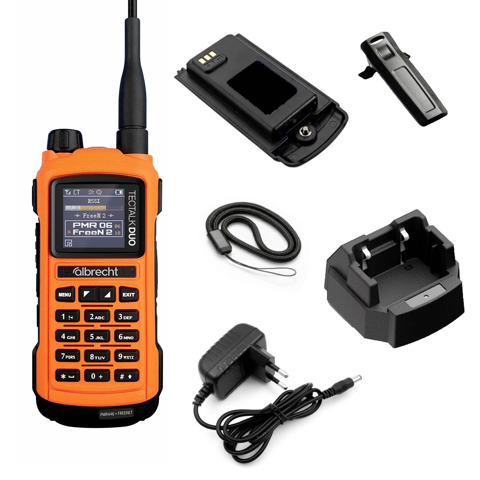 Handfunkgerät in Orange mit Display, Antenne, Ladestation, Netzteil und Akku abgebildet. Zubehör umfasst Gürtelclip und Schlaufe.
