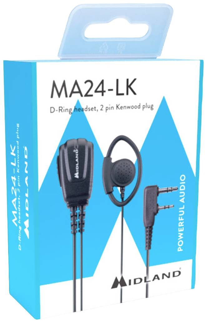 D-Ring Headsetverpackung mit der Beschriftung 'MA24-LK', 'Powerful Audio', und 'D-Ring headset, 2 pin Kenwood plug'. Enthält Abbildungen von Headset und Stecker.