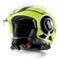 Ein leuchtend gelber Motorradhelm mit schwarzem Muster und durchsichtigem Visier, seitlich abgebildet, zeigt Belüftungsdetails und Sicherheitsverschluss.