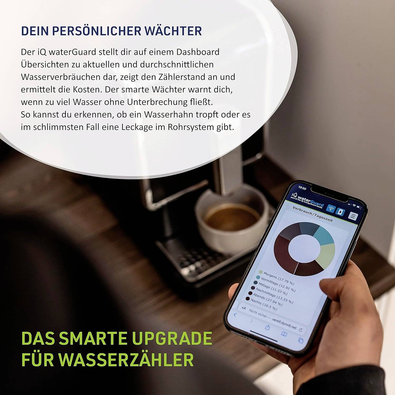 'Nahaufnahme eines Smartphones mit App zur Wasserüberwachung. Text darunter beschreibt ein smartes Upgrade für Wasserzähler.'
