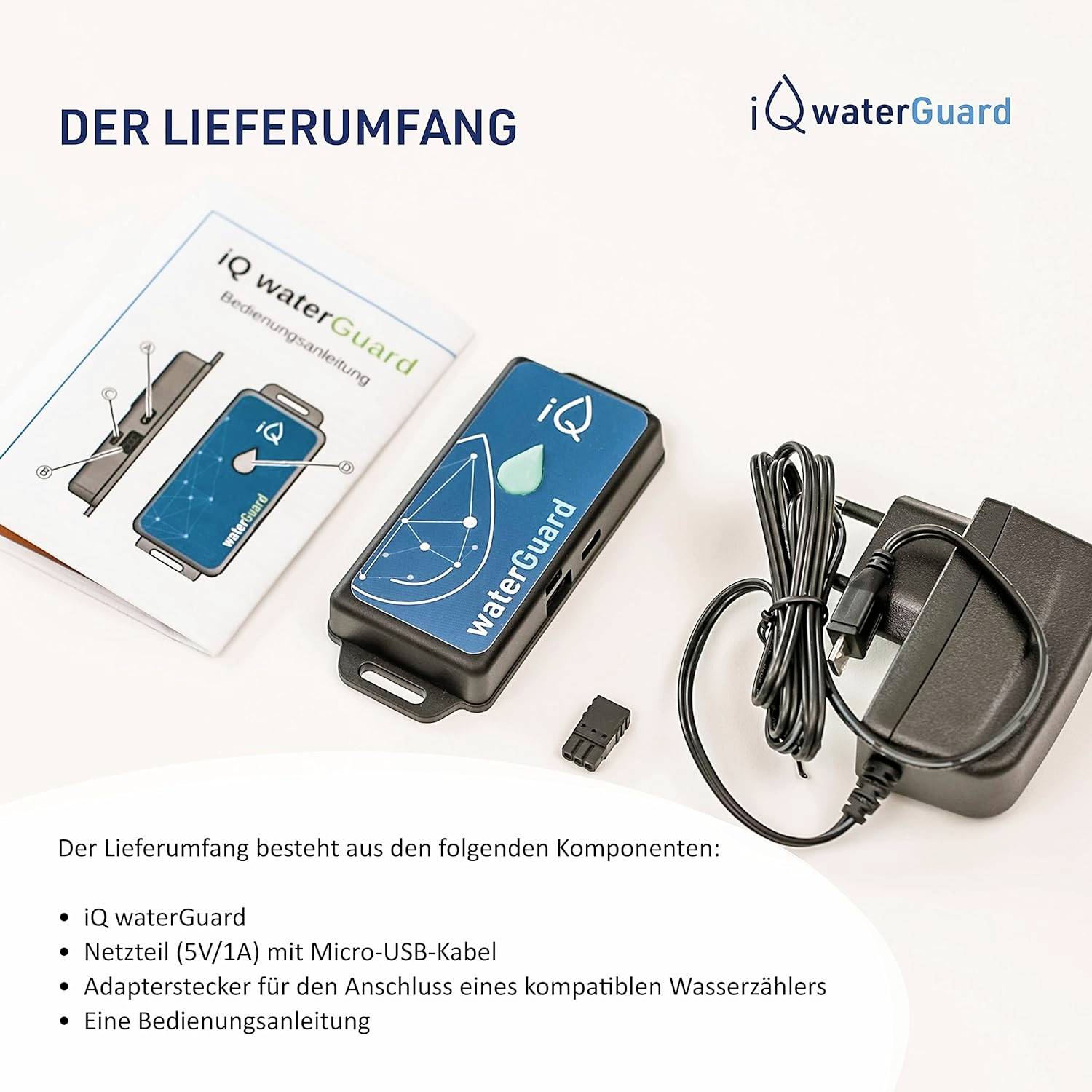 Der Lieferumfang zeigt das 'iQ waterGuard' Gerät mit Netzkabel, Bedienungsanleitung und Zubehör für den Anschluss eines Wasserzählers.