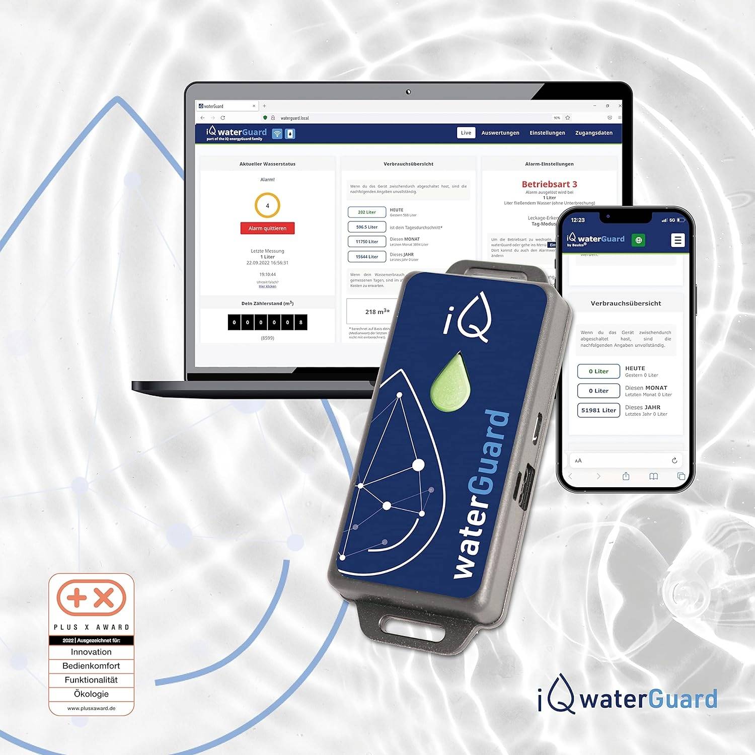 'IQ waterGuard' Gerät mit Tablet und Smartphone. Zeigt Wasserüberwachungsschnittstellen. Hintergrund mit Wasserwellenmotiv.