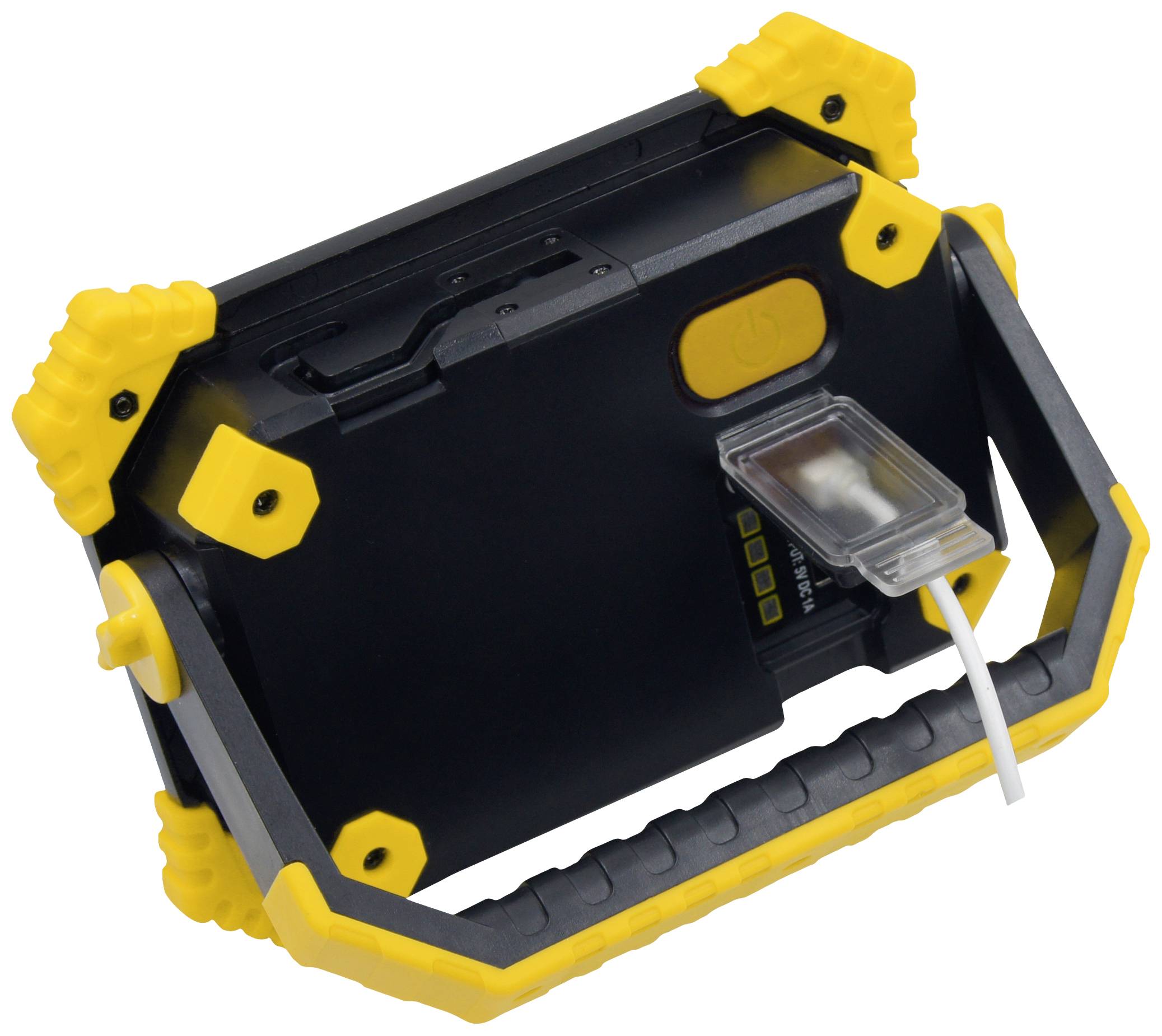 Rückseite eines schwarz-gelben tragbaren LED-Arbeitsstrahlers mit Ladeeingang und abnehmbarer Halterung.