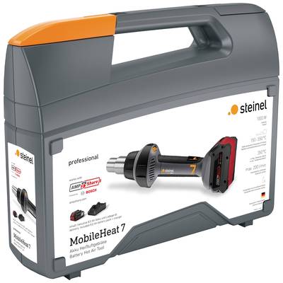 Eine Verpackung für die Akku-Heißluftpistole 'MobileHeat 7' von Steinel, die 100W Leistung bietet und mit Bosch AMPShare Batterie kompatibel ist.