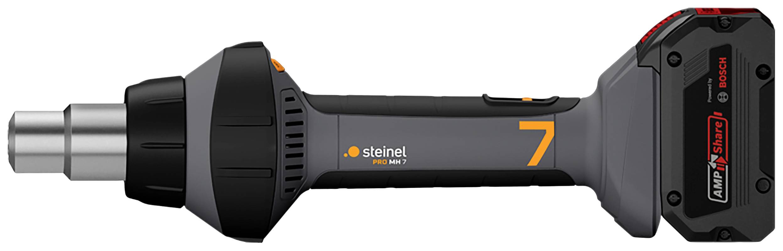 Ein graues, kabelloses Heißluftgebläse der Marke Steinel mit orangener Nummer 7 und Akku im Griff, seitlich abgebildet.