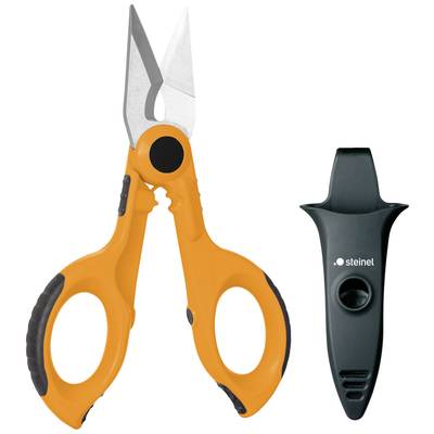 Orange Schere mit gummierten Griffen und Klinge, daneben eine schwarze Hülle mit 'steinel' Aufschrift, für sicheren Transport.