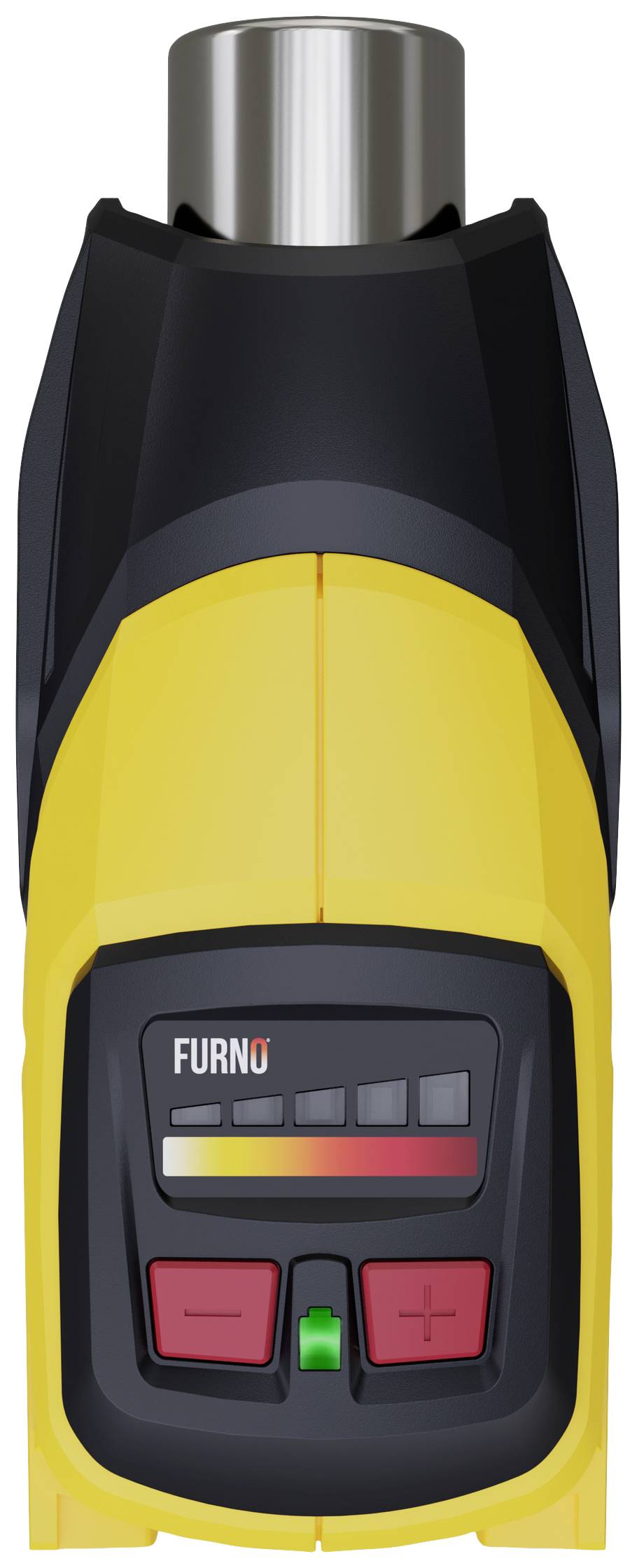 Ein gelb-schwarzer Haartrockner mit einem digitalen Bedienfeld und der Aufschrift 'FURNO'.