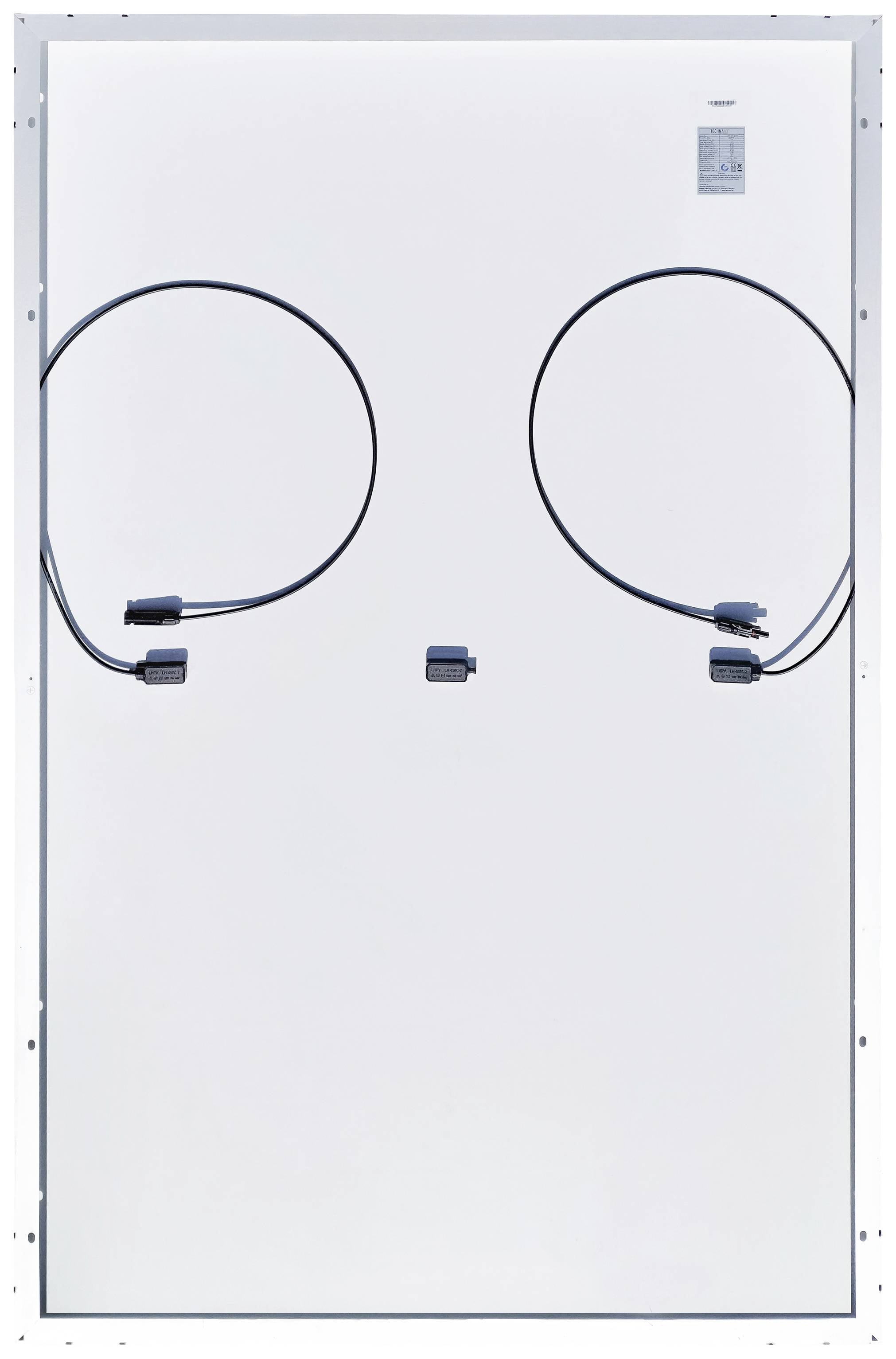 Photovoltaik-Solarmodul-Rückseite mit Kabeln und Steckverbindern an zwei Punkten, bereit zum Anschluss in einem Solarsystem.