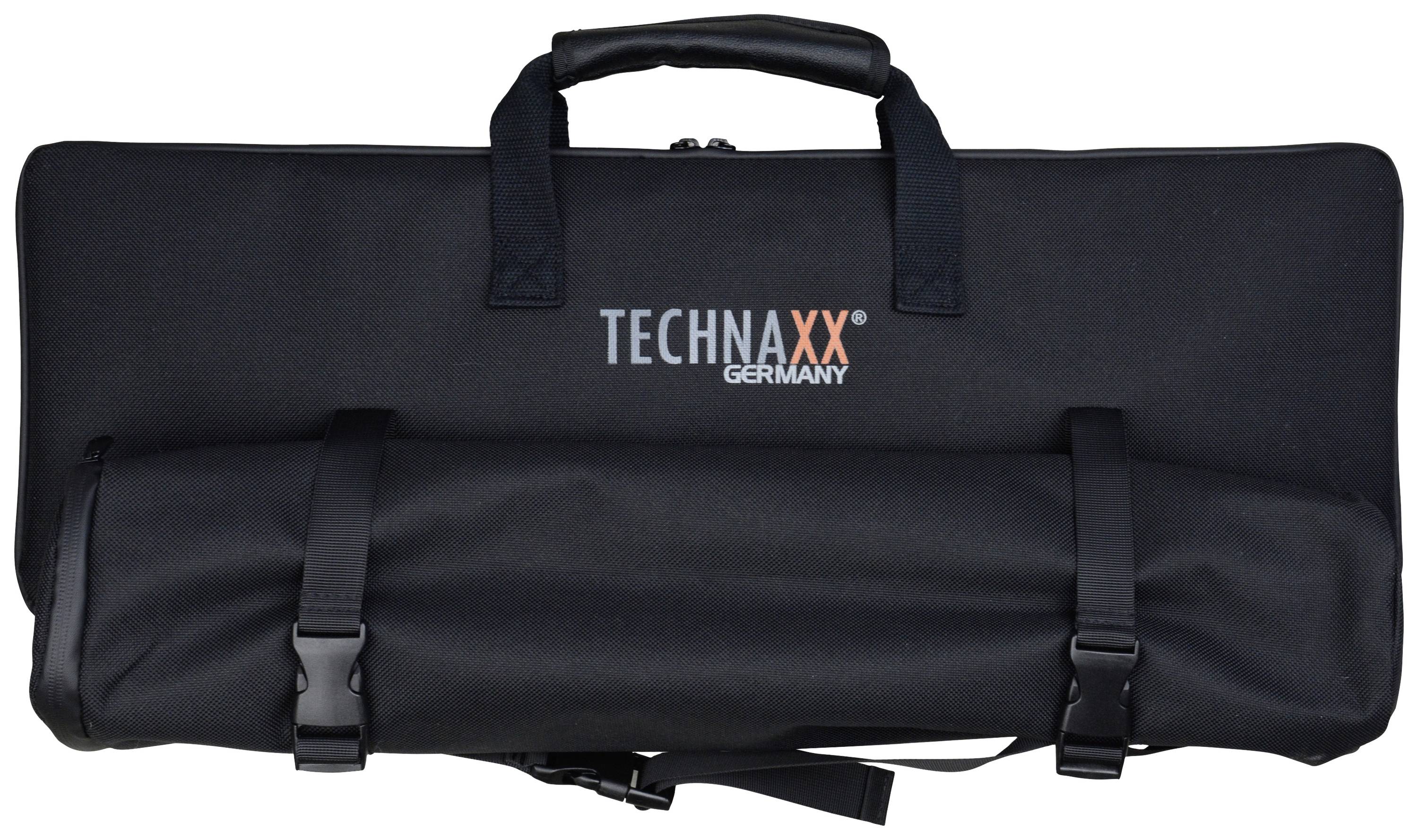 'Schwarze Tragetasche der Marke TECHNAXX GERMANY. Robustes Design mit Griff, Clips und Befestigungsbändern, geeignet für Transport.'