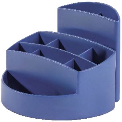 Ein blauer Organizer aus Kunststoff mit mehreren Fächern zur Aufbewahrung von Schreibutensilien. Geeignet für Schreibtische.