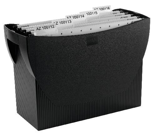 Schwarzes Aktenordner-System mit herausnehmbaren, beschrifteten Hängeregistern, gekennzeichnet mit 'AZ 100112' bis 'AZ 100116'.