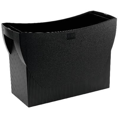 Schwarzer, rechteckiger Plastikbügelkorb mit strukturiertem Design und Grifflöchern auf beiden Seiten.