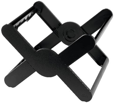 Ein schwarzer Laptop-Ständer in X-Form, verstellbar für verschiedene Winkeleinstellungen.