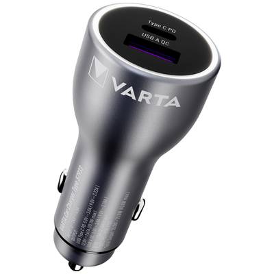 Zigarettenanzünder-Autoladegerät mit zwei USB-Anschlüssen; bietet Typ-C PD und USB-A QC Schnellladeoptionen; Marke 'VARTA'.