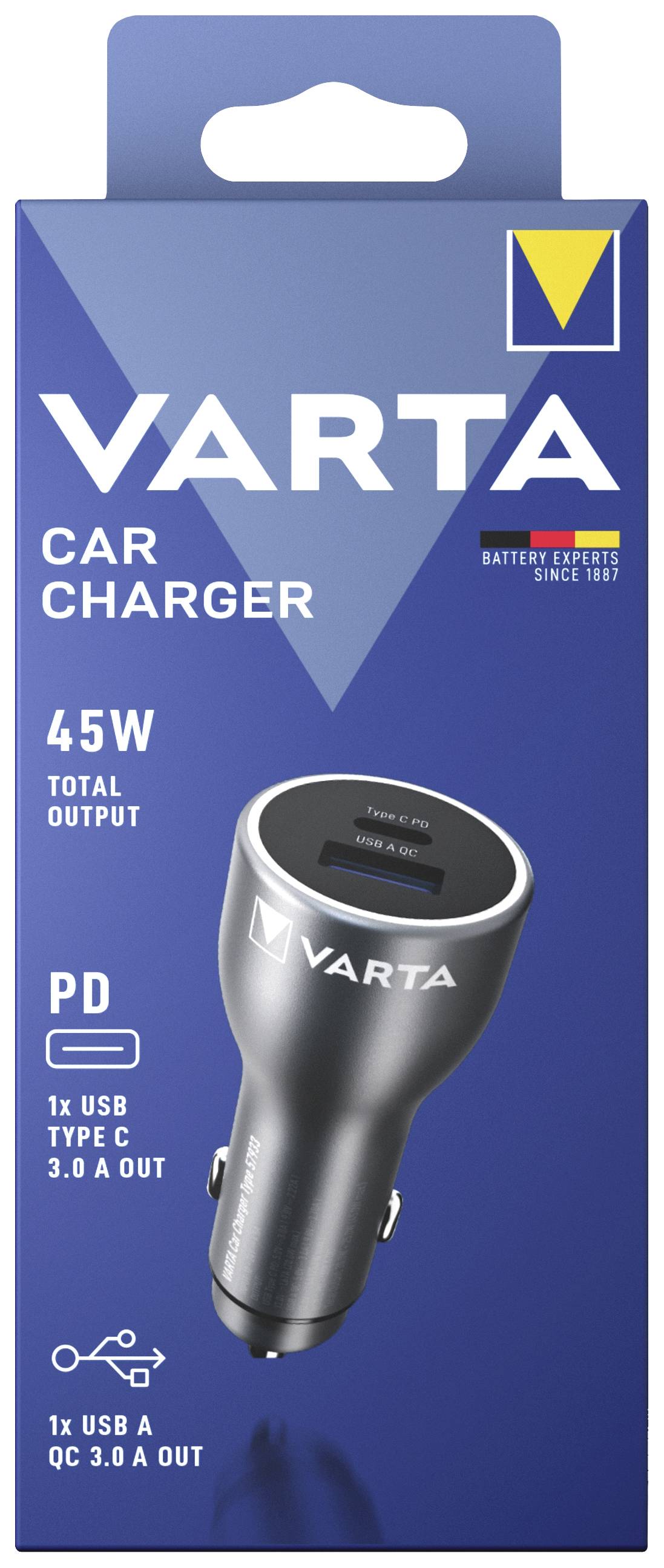 'Ladegerät für Autos von Varta mit 45W Leistung. Enthält 1x USB-C PD und 1x USB-A QC 3.0 Anschlüsse. Verpackung in Blau.'