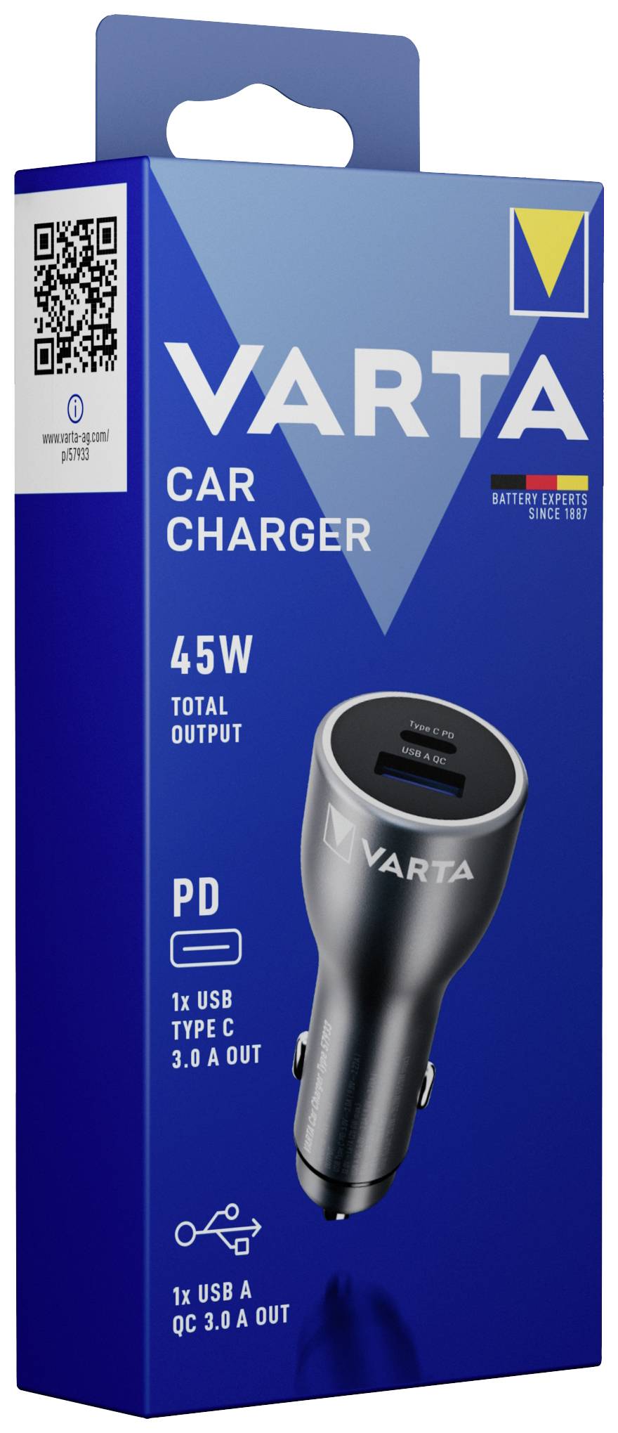 'VARTA Autoladegerät, 45W Gesamtleistung, 1x USB Typ C, 1x USB A, PD-Technologie für schnelles Laden. Verpackung zeigt Produktabbildung.'