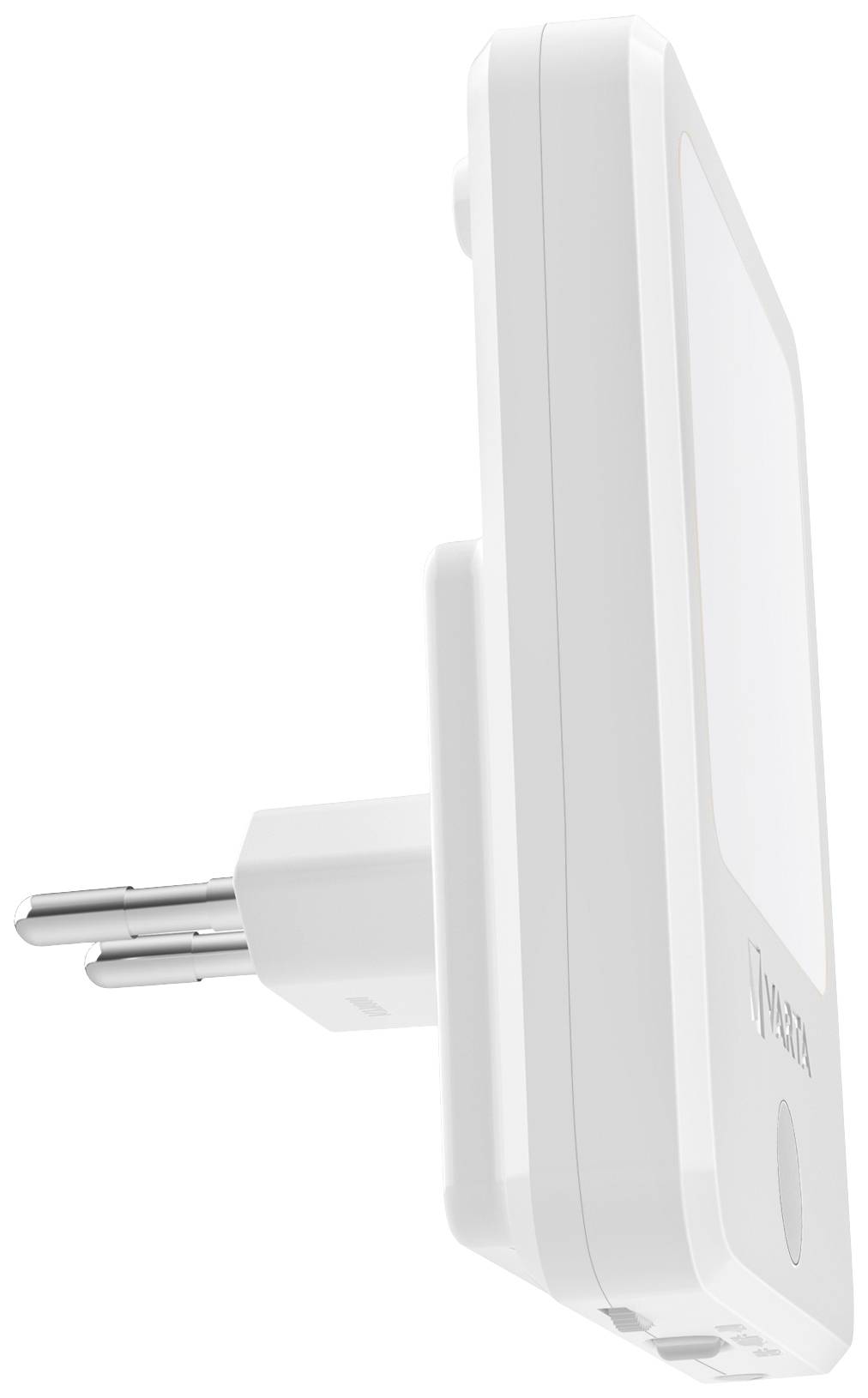 Ein schlichter, weißer elektronischer Adapter mit Flachstecker, in einer senkrechten Position gezeigt.