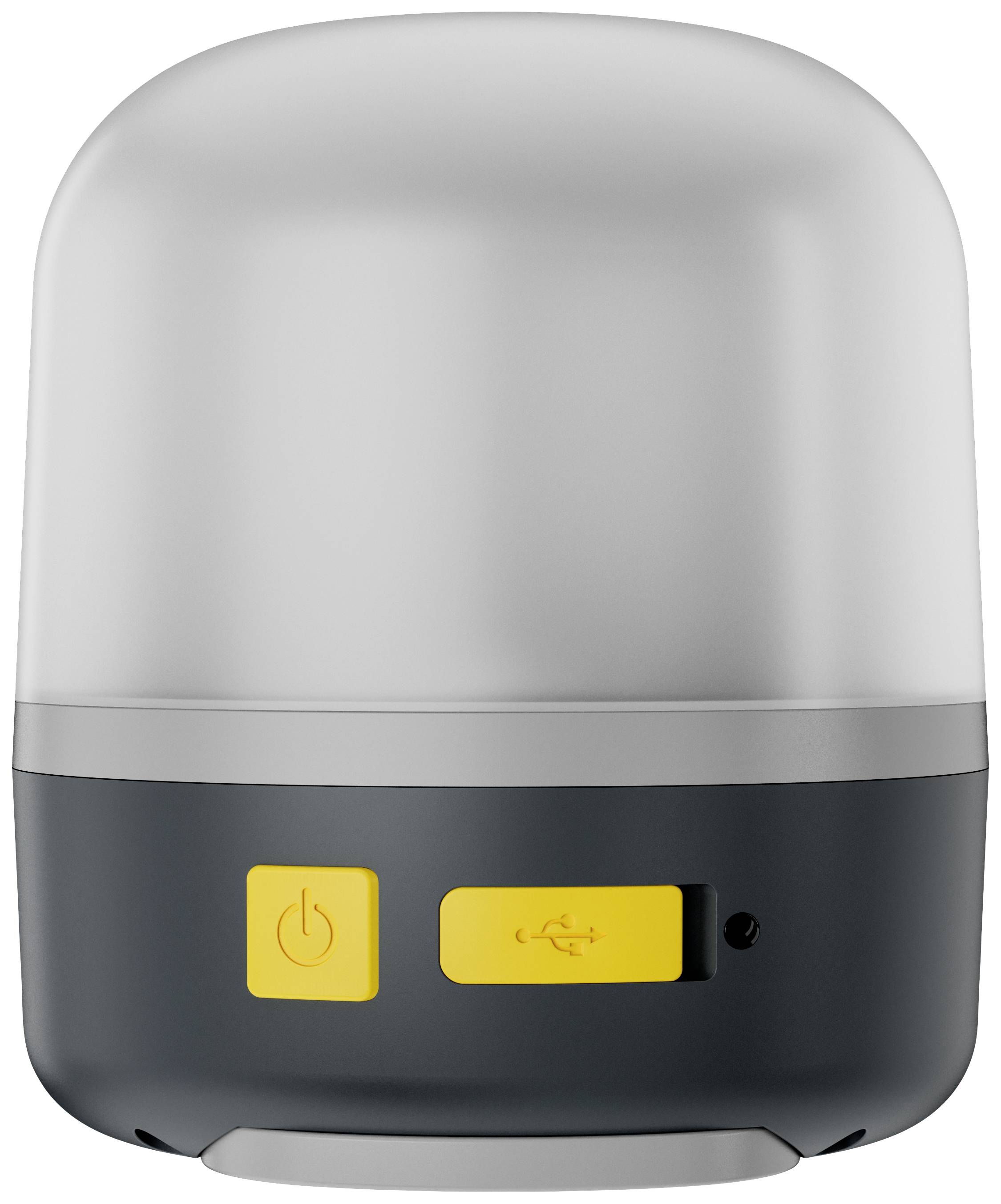 Tragbare, runde Lampe mit grauem Oberteil und schwarzem Sockel. Enthält zwei gelbe Knöpfe: Ein-/Ausschalter und USB-Anschluss.