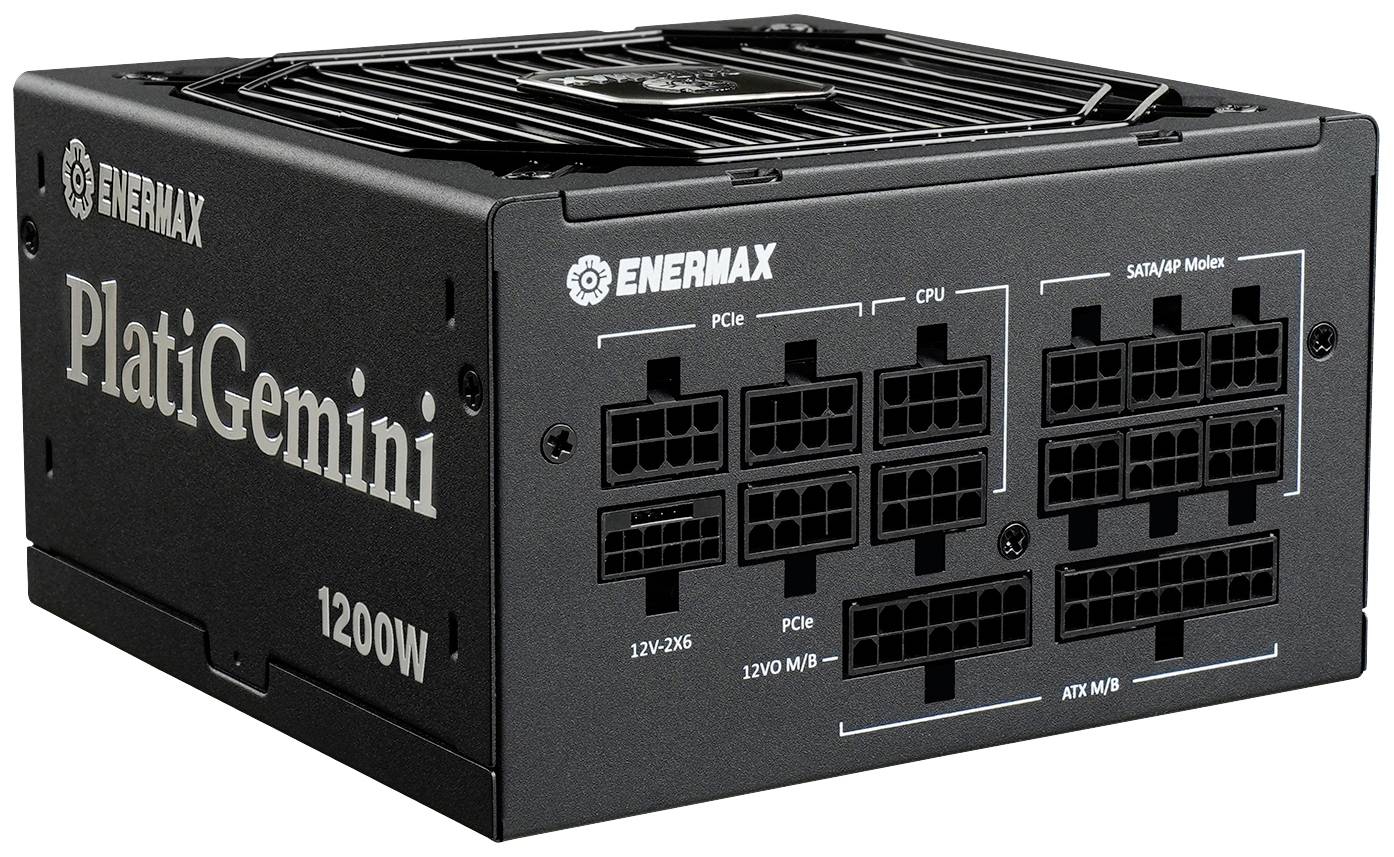 Schwarzes Enermax PlatiGemini 1200W Netzteil mit mehreren Anschlussmöglichkeiten für PCIe, CPU, SATA/Molex und Hauptplatine.