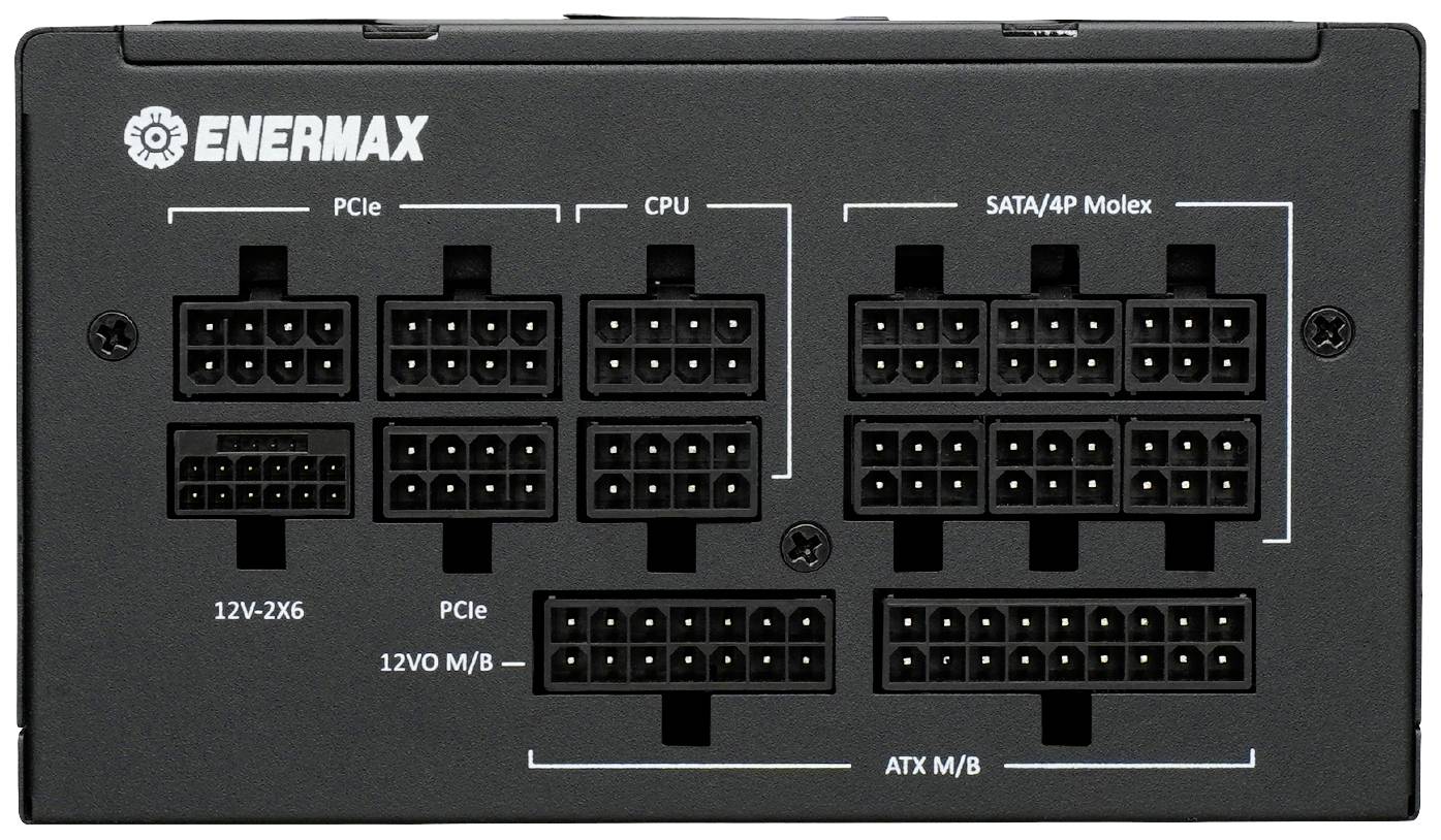 'Rückseite eines Enermax-Netzteils mit verschiedenen Anschlüssen, einschließlich PCIe, CPU, SATA/4P Molex, 12V und ATX M/B.'