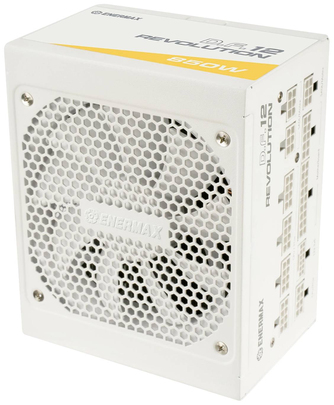 Weiße PC-Netzteil-Einheit von Enermax mit großem Lüfter und modularen Anschlüssen, Modell 'Revolution 85+', 850 Watt.