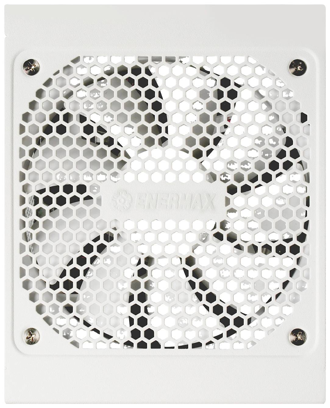 Ein weißer Computerlüfter mit einem sechseckigen Gittergehäuse. "ENERMAX" steht auf dem Lüfter.