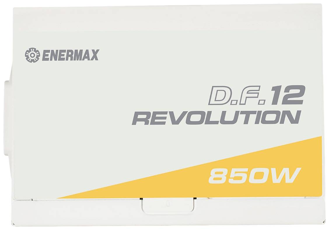 Netzteil mit Enermax-Logo, Modell 'D.F. Revolution' und Leistung von 850W, überwiegend in Weiß und Gold gestaltet.