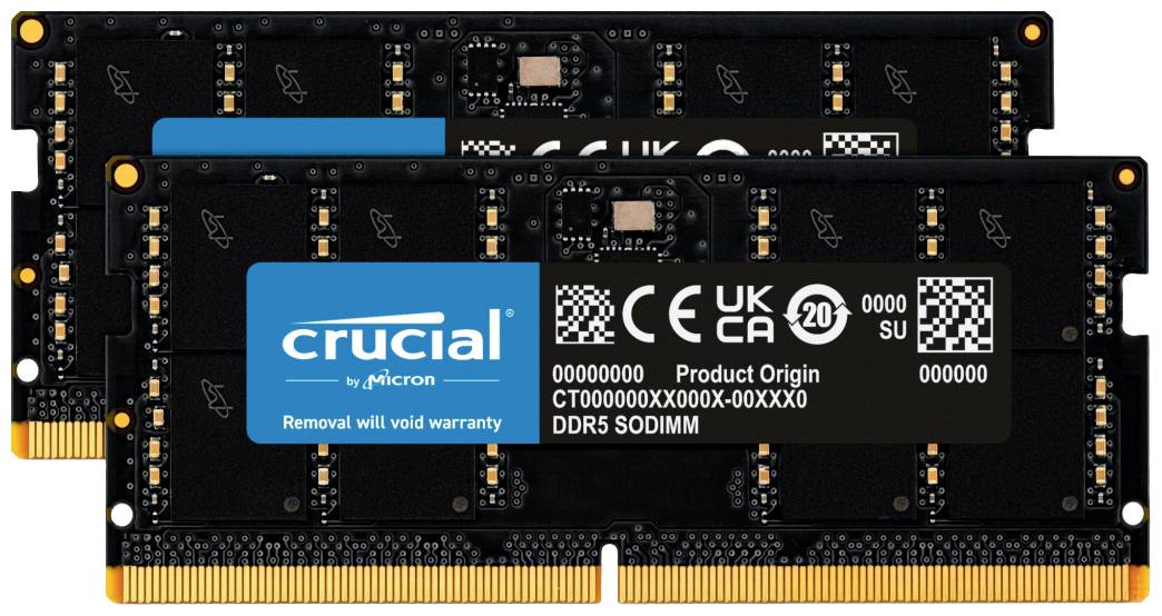Zwei Crucial SO-DIMM DDR5 RAM-Module mit Produktetiketten.