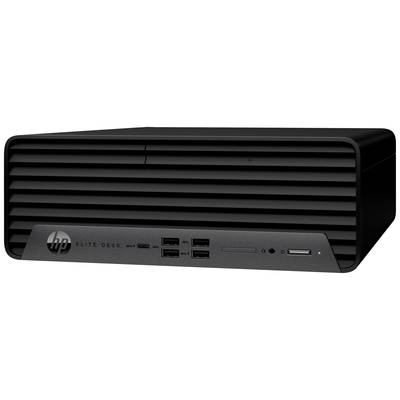 Ein schwarzer Desktop-Computer mit horizontalem Lüftungsgitter. Vorderansicht zeigt Ports und HP-Logo.