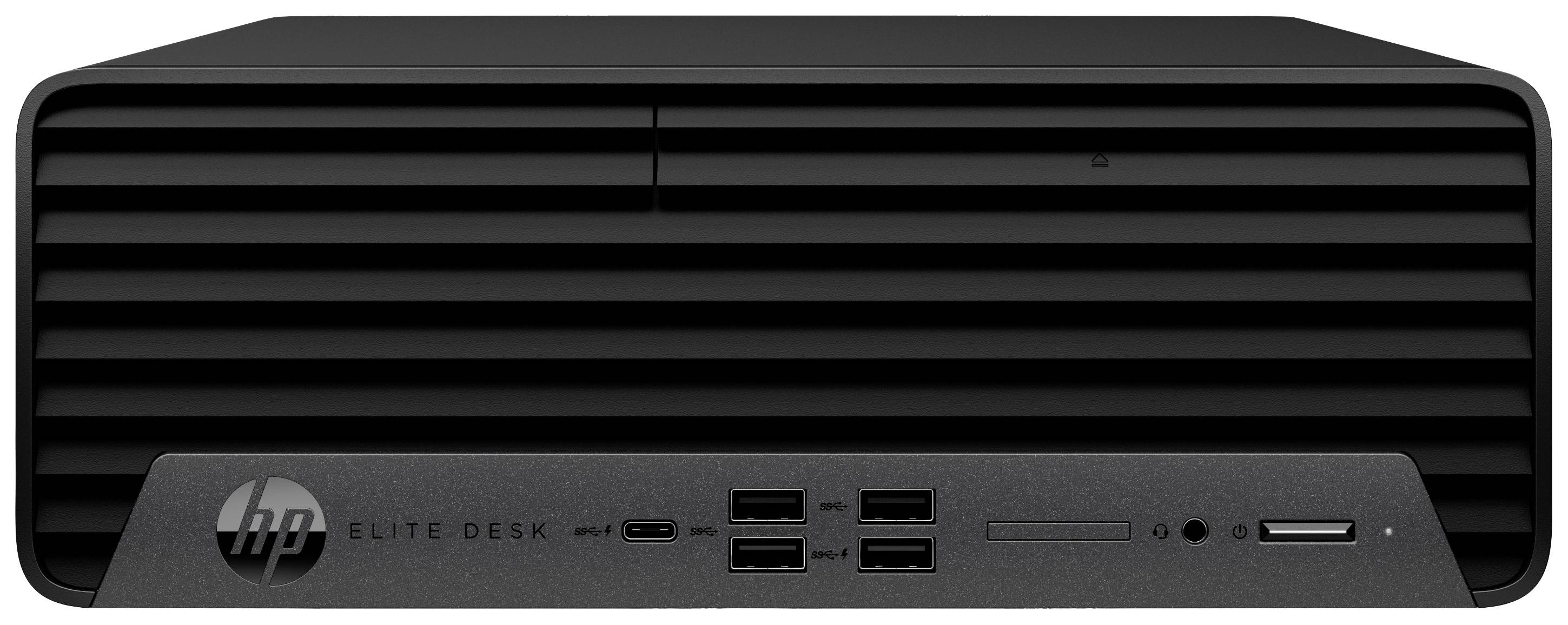 'Schwarzer HP EliteDesk-PC mit USB-Anschlüssen und Kopfhöreranschluss an der Vorderseite, Lüftungsschlitze oben.'