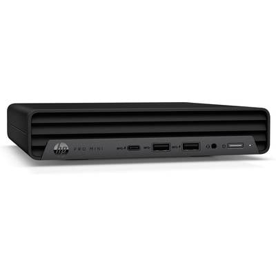 Kompakter, schwarzer HP Pro Mini PC mit mehreren USB-Anschlüssen vorne. Ideal für platzsparende Computernutzung.