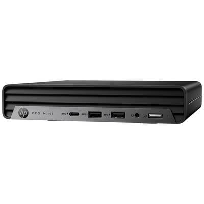 Ein schwarzer HP Pro Mini Desktop-PC mit mehreren USB-Anschlüssen und einem Kopfhöreranschluss auf der Vorderseite.