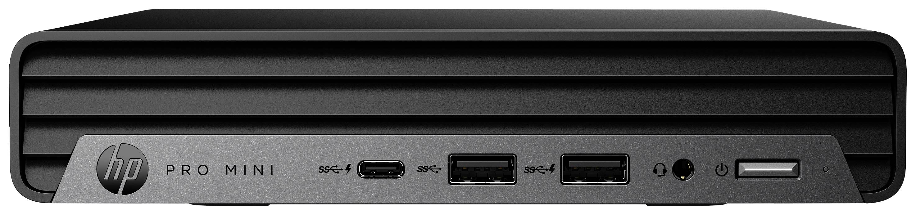 Schwarzer Mini-PC von vorne mit USB-C, zwei USB-A-Ports und Audio-Anschluss. Aufschrift 'HP Pro Mini' unten links.