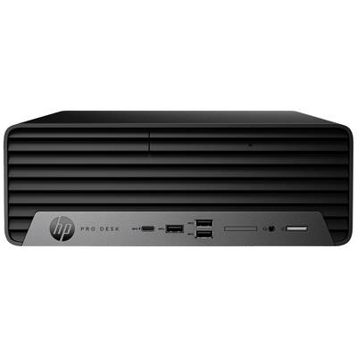 Ein schwarzer Desktop-Computer mit waagerechten Lüftungsschlitzen auf der Vorderseite. Unten sind Anschlüsse und ein 'HP Pro Desk'-Logo zu sehen.