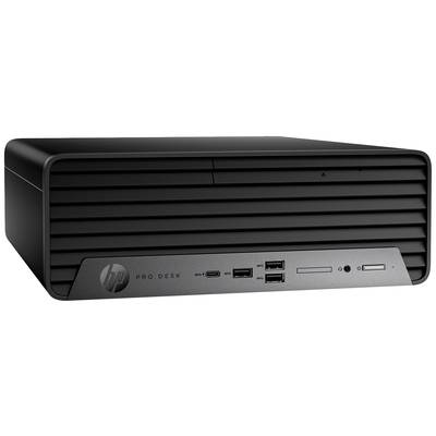 Ein schwarzer Desktop-Computer der Marke HP mit USB-Anschlüssen und einem schlanken, rechteckigen Design.
