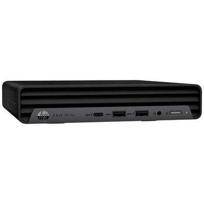 Schwarzer HP Pro Mini-PC von vorne, zeigt USB-Anschlüsse und Audioport. Kompaktes Design für Büroanwendungen.