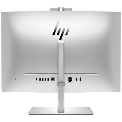 Ein Monitorrücken in Metalloptik mit mehreren Anschlüssen, einschließlich HDMI, USB und Ethernet, und einem verstellbaren Ständer.