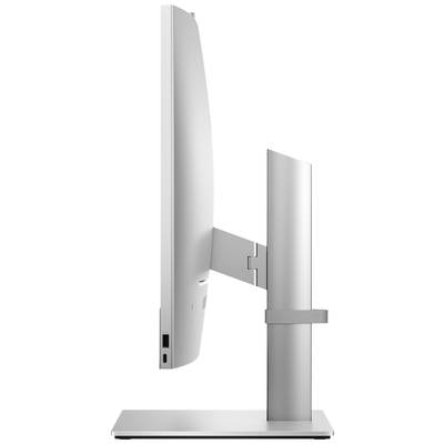 Seitliche Ansicht eines modernen Computer-Monitors mit schlankem silbernem Rahmen und ergonomisch verstellbarem Standfuß.