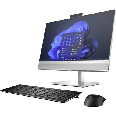 Ein moderner All-in-One-Computer mit Windows-Oberfläche auf dem Bildschirm, dazu eine schwarze kabellose Tastatur und Maus.