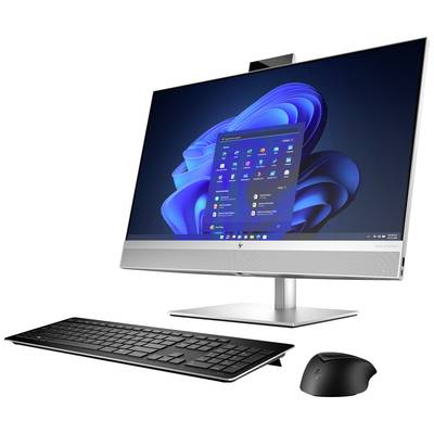 All-in-One-Computer mit Tastatur und Maus, zeigt Windows-Desktop mit blauer Spirale und geöffneter Startmenü-Anzeige.