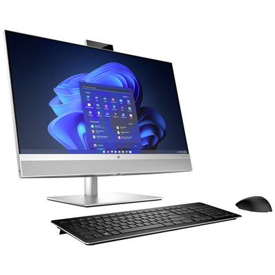 Ein moderner All-in-One-Computer mit Tastatur und Maus, zeigt den Windows-Desktop mit geöffneter Startmenüansicht.