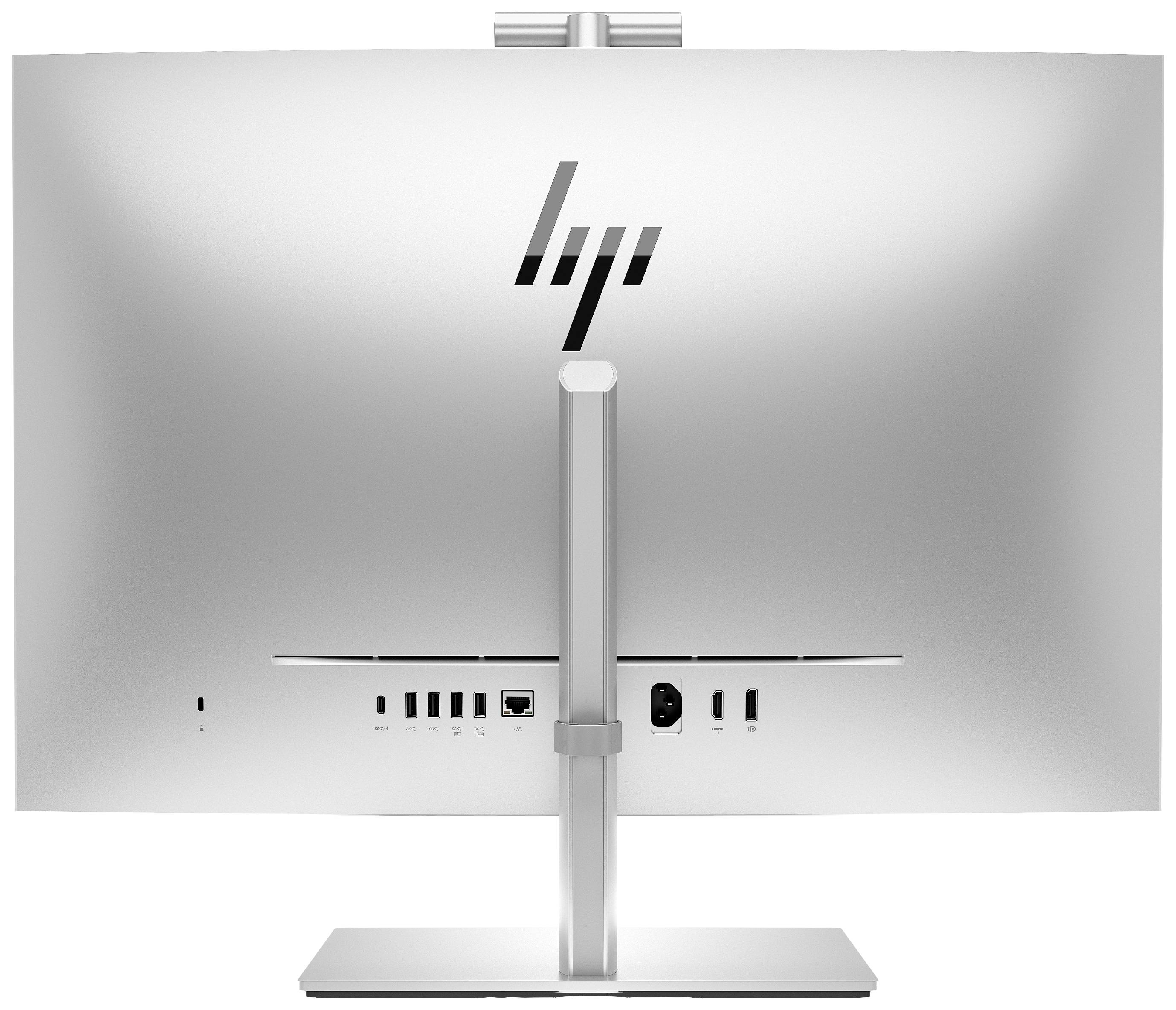 Ein silberner Computerbildschirm von hinten, mit mehreren Anschlüssen unten und einem Standfuß in der Mitte.