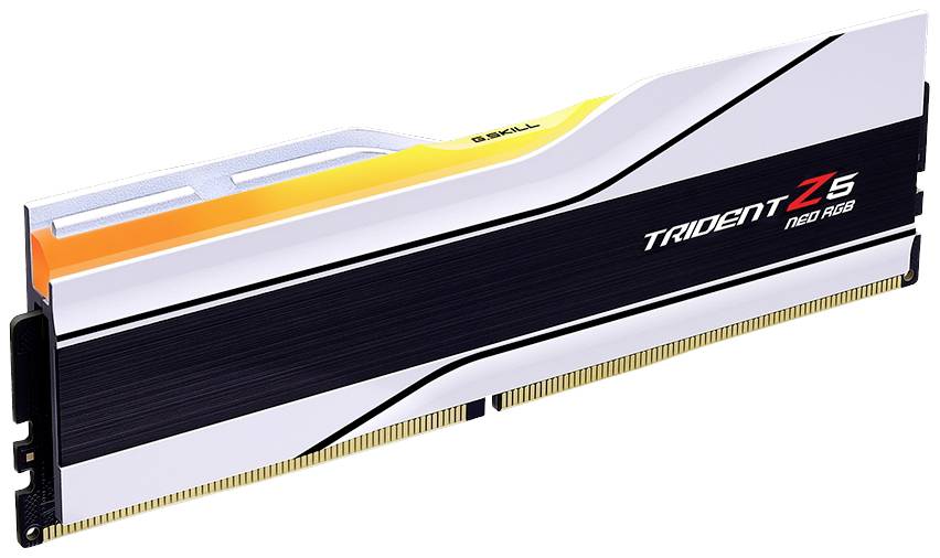DDR5-RAM-Modul mit farbenfrohem Design. Markenname 'Trident Z5 NEO RGB' erkennbar, geeignet für leistungsstarke Computer.