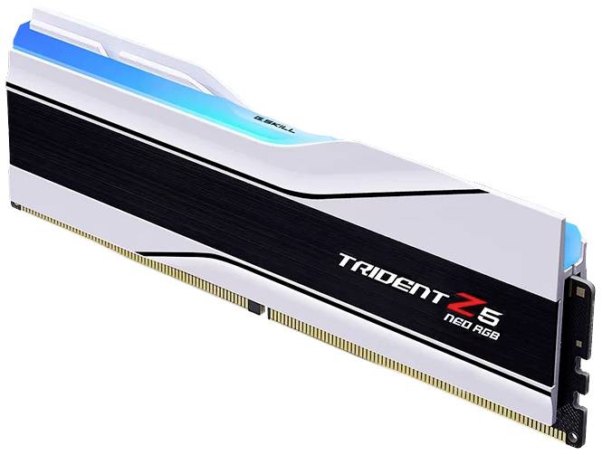 RAM-Modul mit der Aufschrift 'Trident Z5 Neo RGB', schwarzes und weißes Design mit blauen RGB-Akzenten oben.