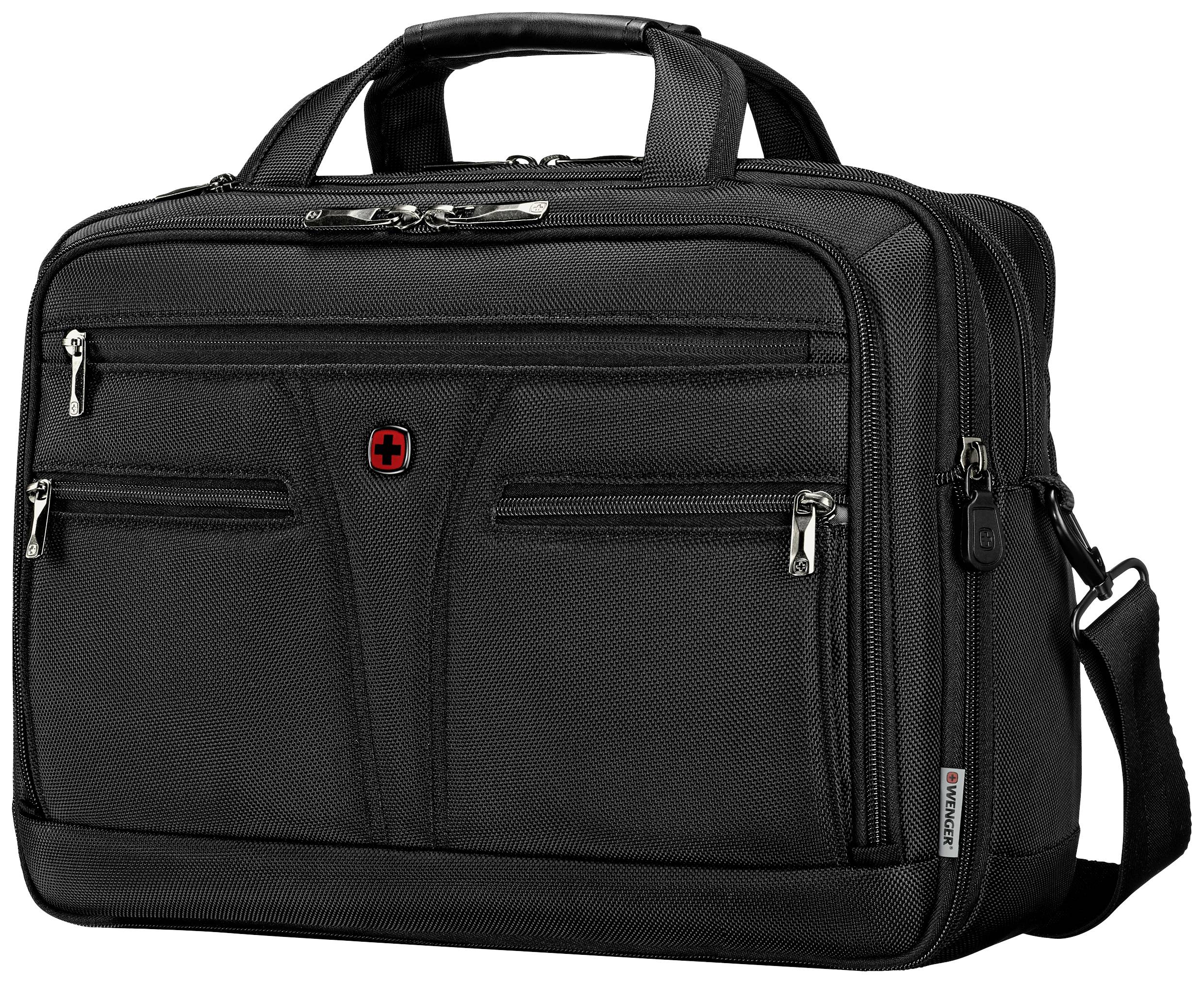 Schwarze Aktentasche mit mehreren Reißverschlussfächern und Tragegriff, geeignet für den Transport von Laptops und Dokumenten.