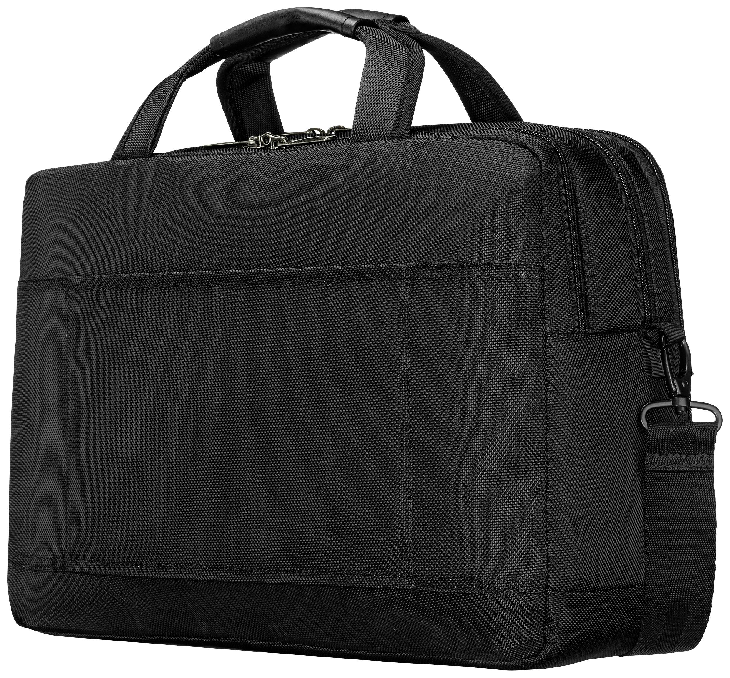 Schwarze Laptop-Tasche mit zwei Griffen und einem abnehmbaren Schultergurt, geeignet für den Transport von elektronischen Geräten.