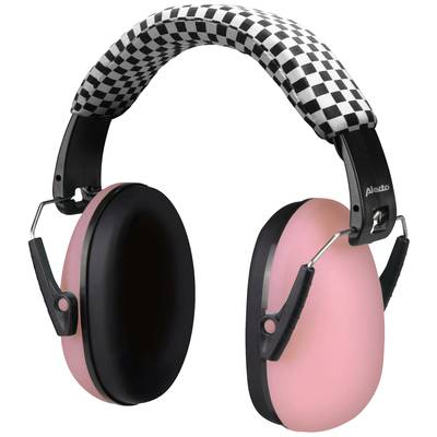 Schwarz-rosa-gehörschutz mit kariertem Kopfbügel; schützt vor Lärm.
