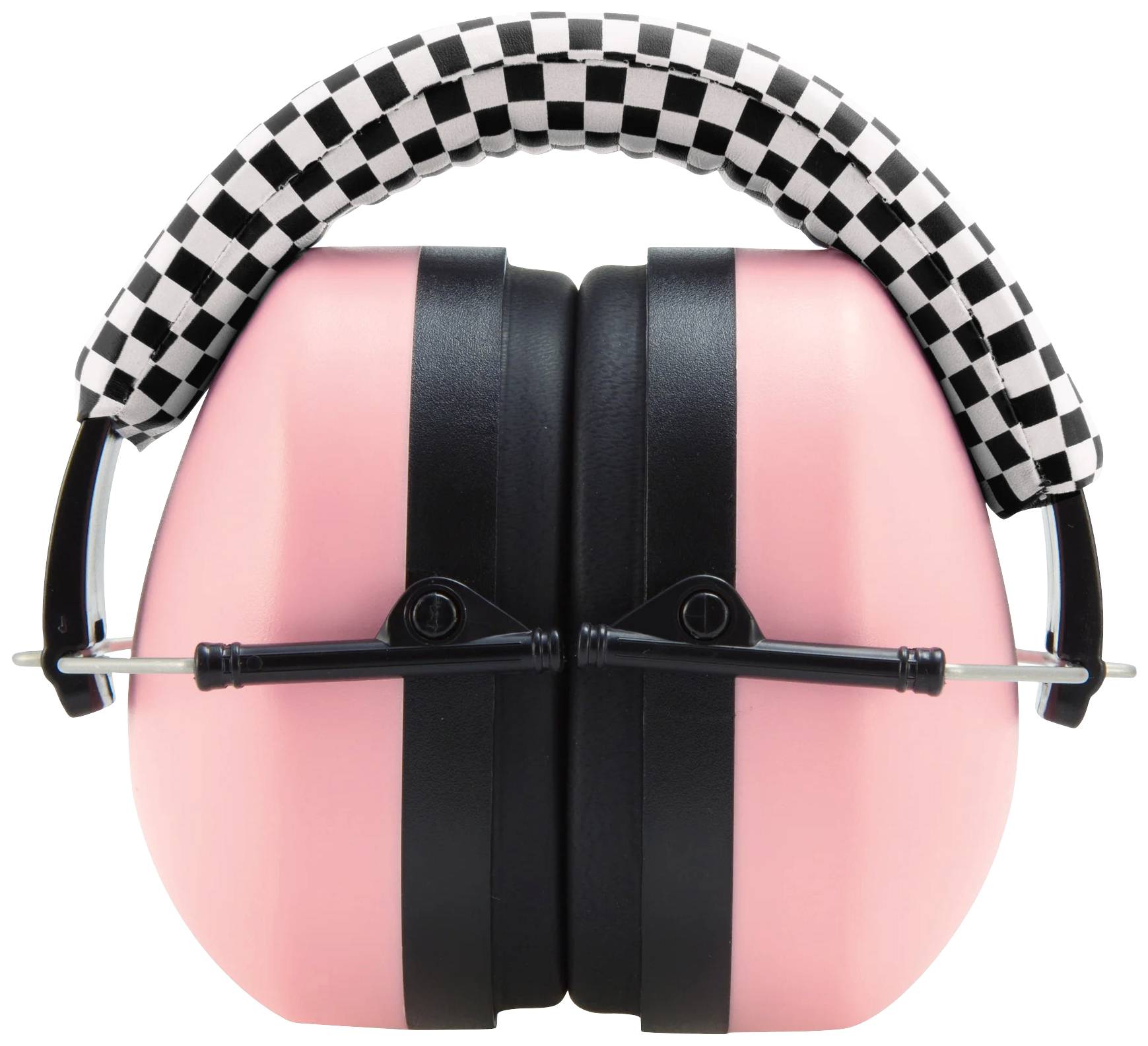 Rosa Lärmschutzkopfhörer mit schwarz-weiß kariertem Stirnband, gefaltet. Geeignet zur Geräuschdämpfung.