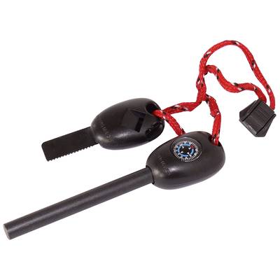 Feuerstarter-Set mit schwarzem, zylinderförmigen Stab und gezahntem Schaber auf rotem Band. Kompass auf der Seite des Schabers.